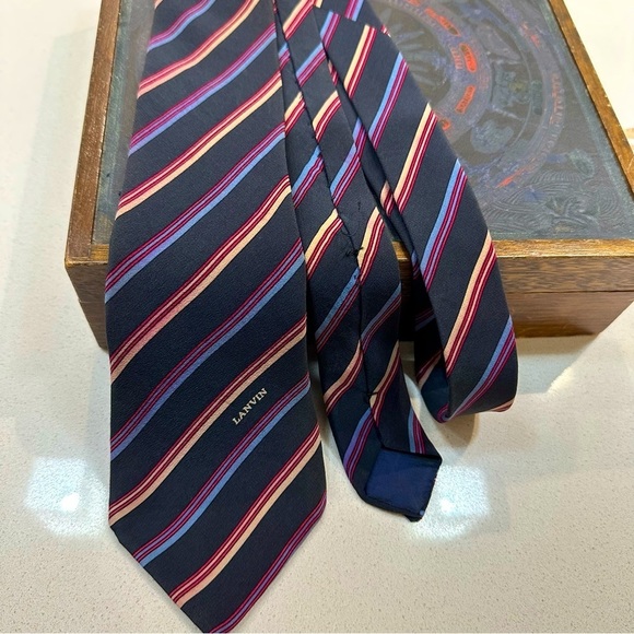 Lanvin Paris 100% silk men’s tie vintage striped motif navy/pink/red/purple - Picture 2 of 7